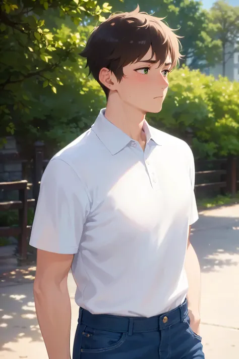 side angle, (looking away:1.5), walking, masterpiece, best quality, Japanese manga style, upper body, (25 year old male: 1.5) and (short brown hair) and (green eyes), break (white polo shirt) and (jeans) break (worried:1.2), (blush:1.3), in the park, alone...