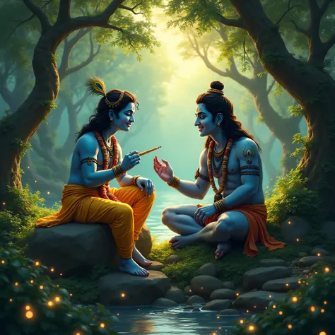 A mystical jungle scene with Lord Krishna and Lord Shiva sitting together on a large ancient rock, surrounded by lush green trees, glowing fireflies, and a serene river in the background. Krishna, with his blue skin, is wearing a yellow dhoti and a peacock...