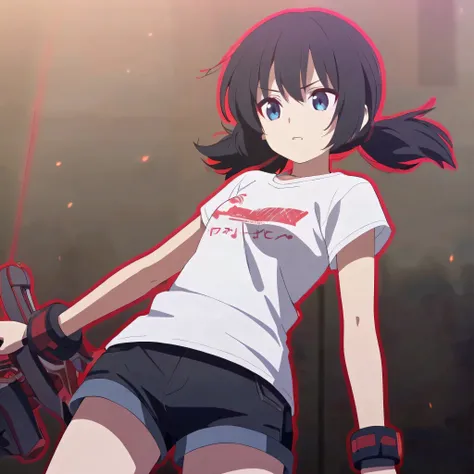 chica, anime, warrior,  short hair with red and blue lines, beautiful eyes,  black hair, full leather,  young, with a fringe forward , with pigtails,  white t-shirt ,  shorts, red outline, Alone 