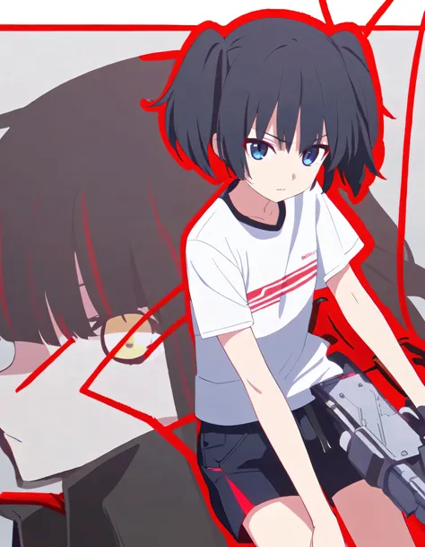 chica, anime, warrior,  short hair with red and blue lines, beautiful eyes,  black hair, full leather,  young, with a fringe forward , with pigtails,  white t-shirt ,  shorts, red outline, Alone 