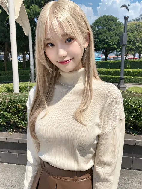 (Masterpiece, Top Quality, 8K Quality), Realistic Photos, Perfect Human Structure, Perfect Anatomy, Japanese Young Adult Female, One Person, KPOP Idol Style Face, Smiling, Clear Skin, Natural Texture Skin, Very Detailed Hands, (((Platinum Blond Hair))), Lo...