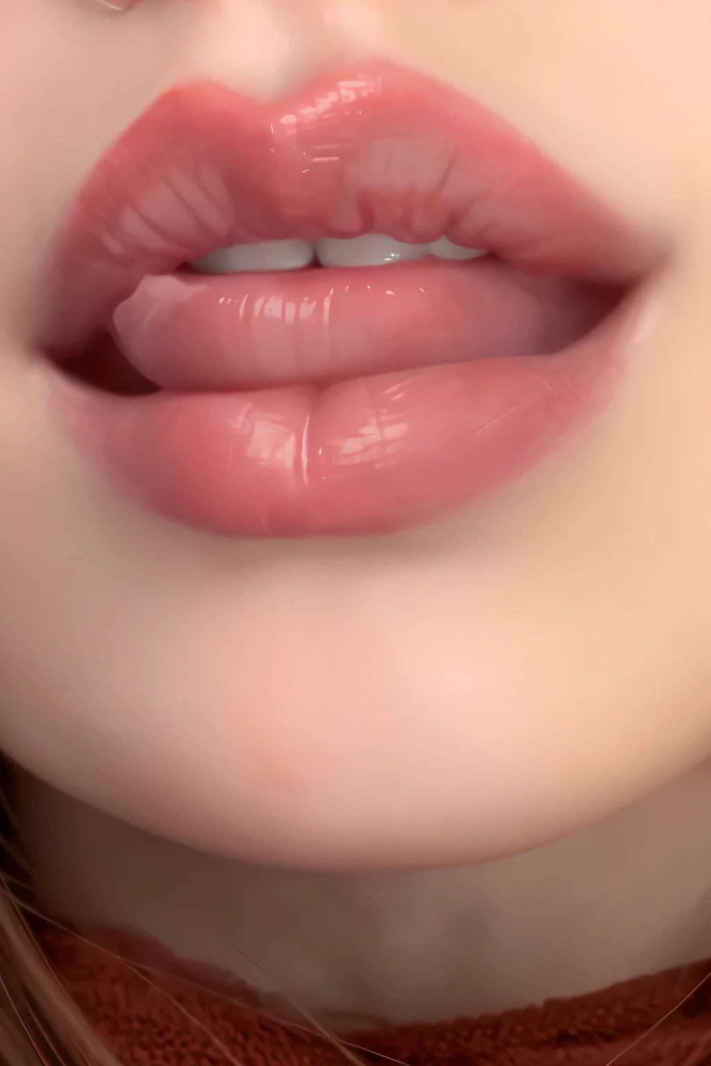 Close up of a woman with a red scarf wrapped around her neck,  Sexy Lips,   big, juicy lips ,  plump lips,  licking ,  beautiful lips