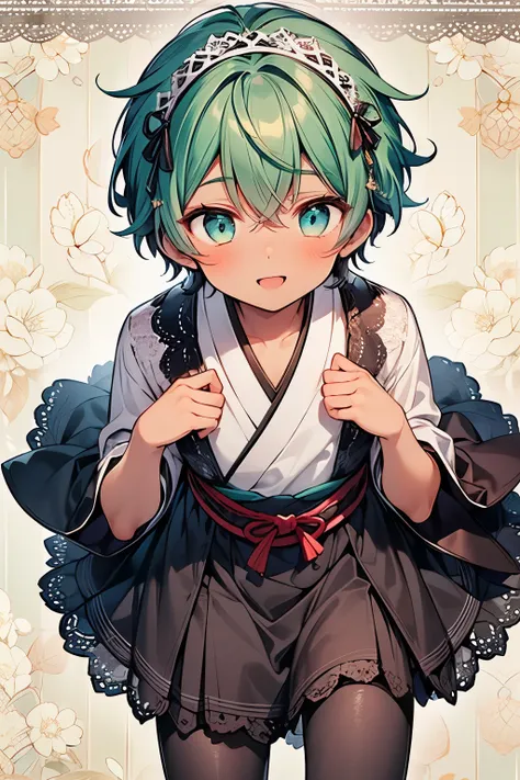 ((1-boy :1.3)),((handsome Gay:1.2)),(( An Adult Man :1.15)), open your mouth wide and smile,short Karl hair,green hair,(lace pattern background:1.25), shiny ,((top view:1.0)),(touch your chest with both hands over your clothes:1.15),((gold Japanese style d...