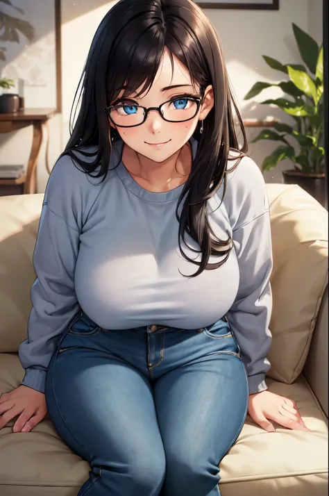 (High quality, High resolution, Fine details), Peaceful living room, sweatshirt, Denim Pants, solo, curvy adult women, black hair, Glasses, sparkling eyes, (Detailed eyes:1.2), smile, blush, Sweat, Oily skin, Soft tones, shallow depth of field