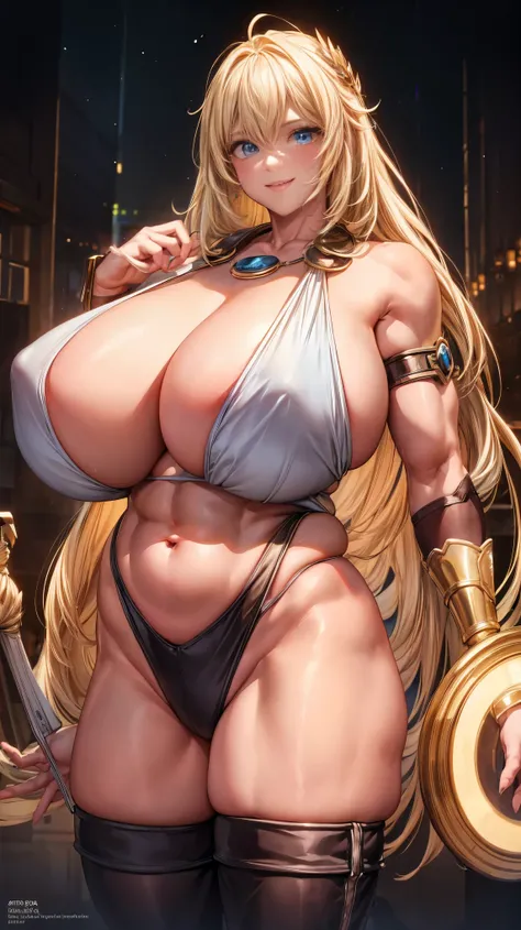  sensual,  Long Golden Hair,  thighs, 8k, 4K,  highest quality, ( high resolution:1.6),  cute anime face ,  Noise Reduction , (  he's charming ,  kind smile,  kind eyes )、  tight abs wielding electronic lights ,  muscular arms ,  muscular legs ,  Young Fac...