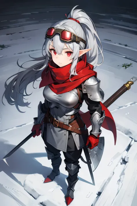 Grey Hair、female、One character、 Military 、 goggles on head、pants、 ponytail、 Long Coat、 small tits、  random expression、He is tall,Combat Armor、 red eyes、 elf、 fantasy,One weapon, tall ,I'm hiding my mouth with a red scarf