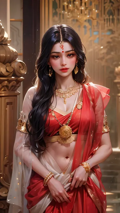 "Create an extremely beautiful Indian goddess only from frontside body view with perfectly proportional features and a radiant, divine aura. She has long, flowing, wavy black hair that cascades gracefully down her back. Adorn her with traditional Indian or...