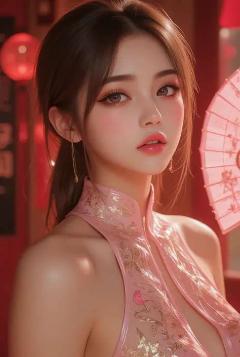 Cat ears、 face up, attractive, pretty girl, ponytail、 (( fine facial features , eroticism)), dramatic lighting , realistic , 8k, Dramatic Shadows , intricate and elaborate patterns , super detailed photo , chiaroscuro lighting , Pleasant colors , deep cont...