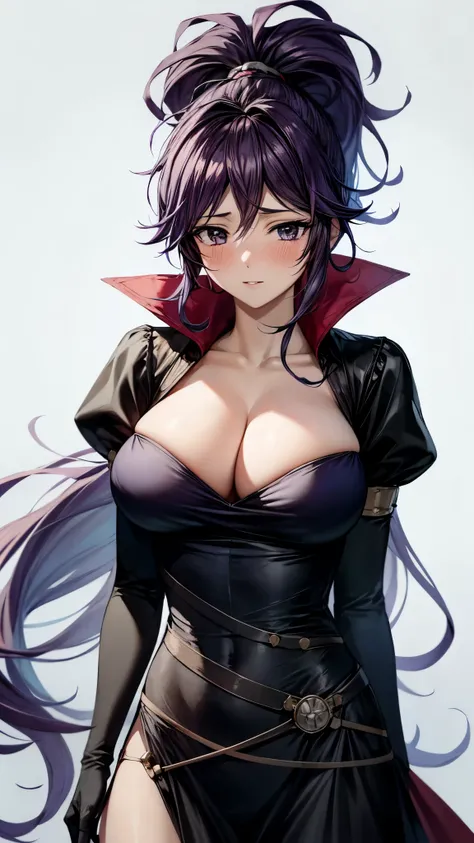 （ super quality next to each other, ultra high resolution,16k,super masterpiece,Ultra HD , detailed shading and background,）Upper body shot, sexy girl , long purple hair, ponytail, sexy black dress, cleavage, white long gloves, white knee socks,blush, in t...