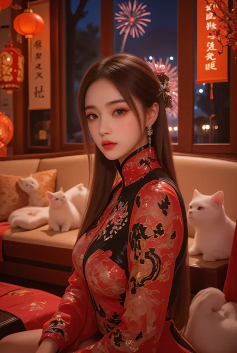 Cat ears、 face up, attractive, pretty girl, ponytail、 (( fine facial features , eroticism)), dramatic lighting , realistic , 8k, Dramatic Shadows , intricate and elaborate patterns , super detailed photo , chiaroscuro lighting , Pleasant colors , deep cont...