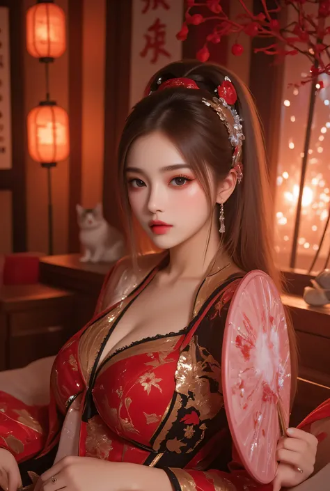 Cat ears、 face up, attractive, pretty girl, ponytail、 (( fine facial features , eroticism)), dramatic lighting , realistic , 8k, Dramatic Shadows , intricate and elaborate patterns , super detailed photo , chiaroscuro lighting , Pleasant colors , deep cont...