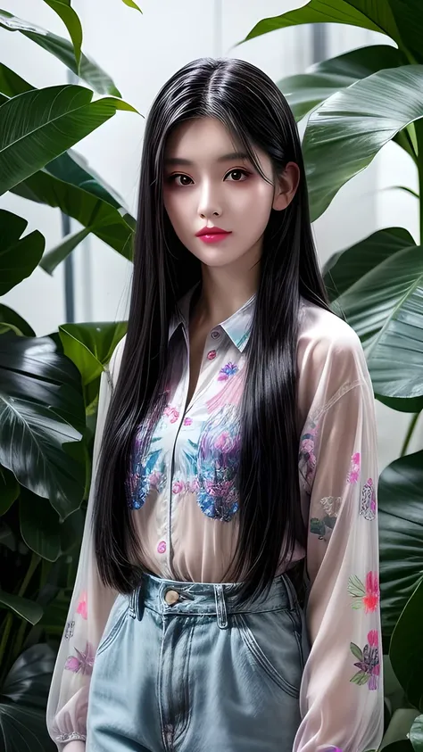 Long straight black hair,  colored iridescent hair on the inner layer ,  iridescent eyes , standing wearing a Hawaiian shirt,  masterpiece,  Super Details,  best quality ,  8,000, actual 