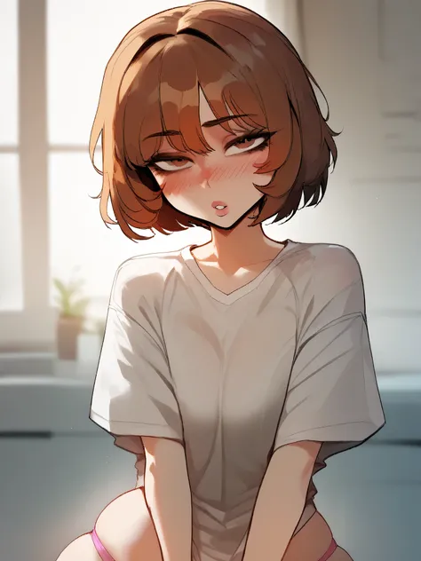 Score_9, Score_8_up, Score_7_up, Score_6_up, 1female, short, brown hair, short hair, droopy eyes, wide hips, dommy mommy, golden jewelry, wearing a oversized shirt, pink panties, parted lips, blushing, looking at viewer, posing, layed down, by floox, by kr...