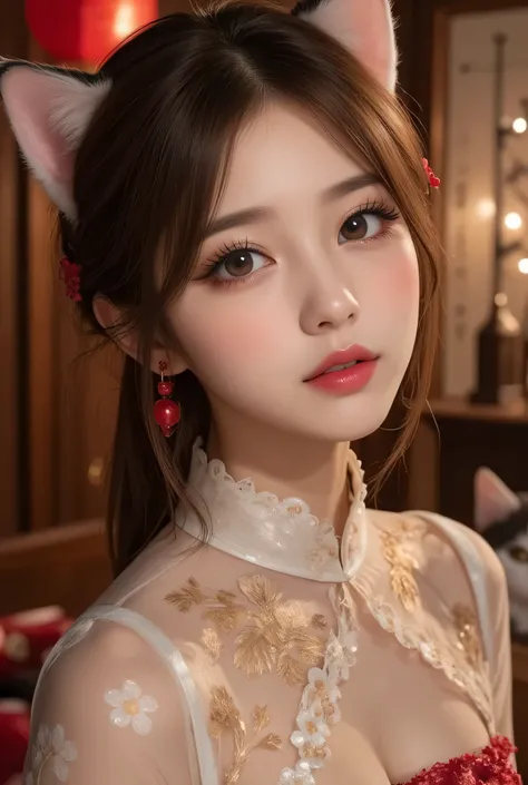 Cat ears、 face up、((( Lying in Bed))) attractive, pretty girl, ponytail、 (( fine facial features , eroticism)), dramatic lighting , realistic , 8k, Dramatic Shadows , intricate and elaborate patterns , super detailed photo ...