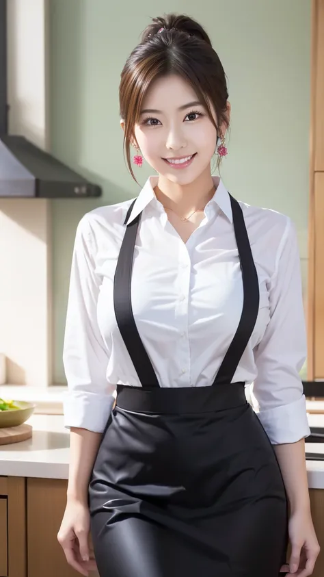  anatomically correct 5 fingers　 beautiful Korean woman in front of the machine　 ponytail　 earrings　 thin necklace　 collared shirt 　salon apron　 pencil skirt　Big Breasts　Sensual body　 restaurant 　In the kitchen　 looking at the camera　 cute charming smile