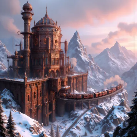 Snowy mountains. The copper fortress in the mountain. Copper pipes, steam pipes, and a steampunk train running through the mountains. Pink dawn.