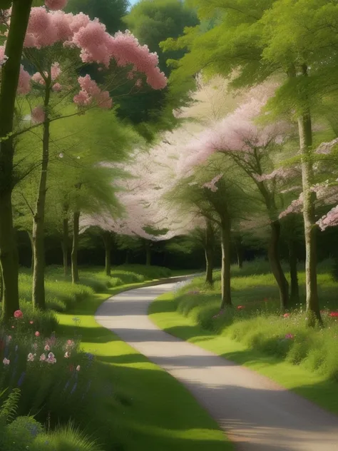 there are many flowers in the middle of a forest with trees, spring early morning, flowers and trees, in a forest glade, in a woodland glade, in serene forest setting, peaceful lushious forest, beautiful environment, springtime morning, lush trees and flow...