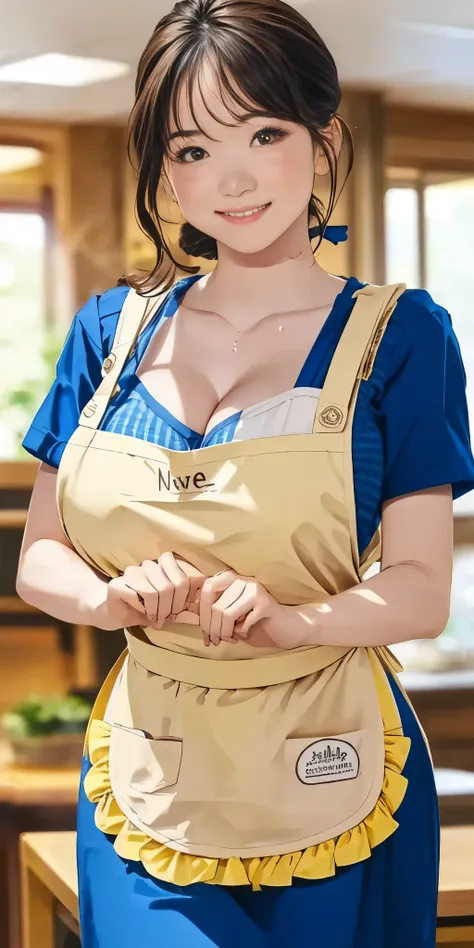 (  in the seat)、((( Big Breasts)))、 cleavage、  tan、Expose the muscles 、 anatomically correct fingers 、 Sweaty muscles 、   dichevelle hair :1.5、((Wear Apron ))、Neat Girl、smile、shop 、Pubic hair is transparent、 ((( model pose)))、 walking、