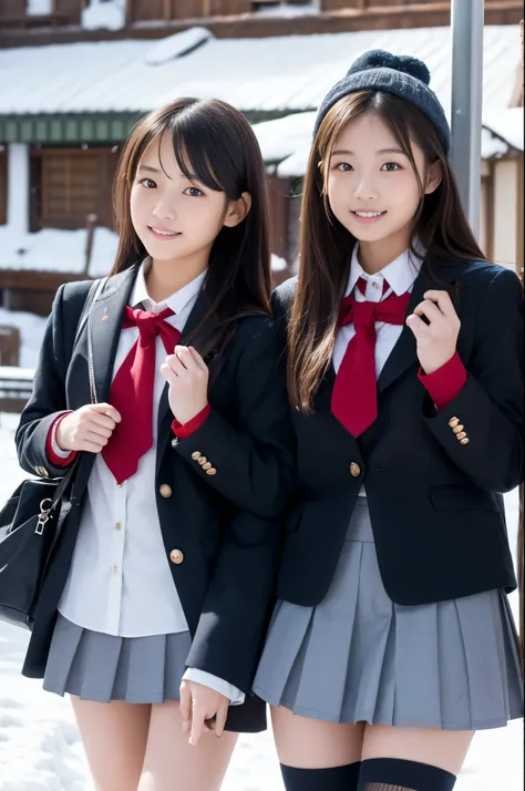 Two girl (Twenty years old, Japanese face) are wearing high school uniforms with mini skirt at snowy town.