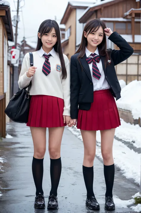 Two girl (Twenty years old, Japanese face) are wearing high school uniforms with mini skirt at snowy town.