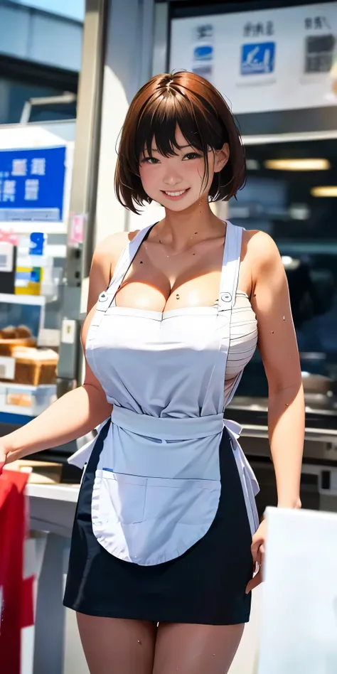 (  in the seat)、((( Big Breasts)))、 cleavage、  tan、Expose the muscles 、 anatomically correct fingers 、 Sweaty muscles 、   dichevelle hair :1.5、((Wear Apron ))、Neat Girl、smile、shop 、Pubic hair is transparent、 ((( model pose)))、 walking、