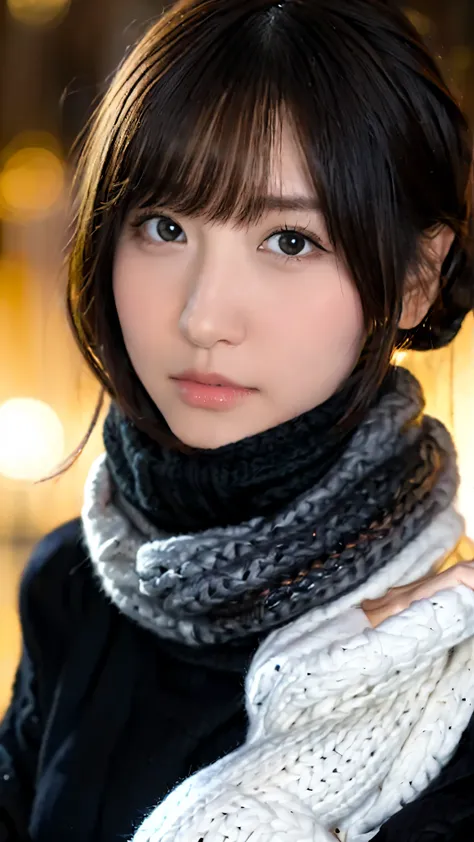  1 Japanese Girl ,( black sweater that has been hit:1.4),(  she wears a knitted snood around her neck to hide her chin......:1.5), ( RAW Photo ,  highest quality), ( by Nomi,  photorealistic under white micro:1.4),  Masterpiece,  very delicate and beautifu...