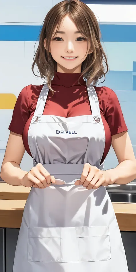 (  in the seat)、((( Big Breasts)))、 cleavage、  tan、Expose the muscles 、 anatomically correct fingers 、 Sweaty muscles 、   dichevelle hair :1.5、((Wear Apron ))、Neat Girl、smile、shop 、Pubic hair is transparent、 ((( model pose)))、 walking、