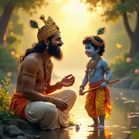 A divine and serene scene depicting Vasudev and young Lord Krishna joyfully conversing. Vasudev, dressed in traditional dhoti and adorned with a golden crown, has a warm smile as he looks at Krishna with fatherly affection. Krishna, with his enchanting blu...