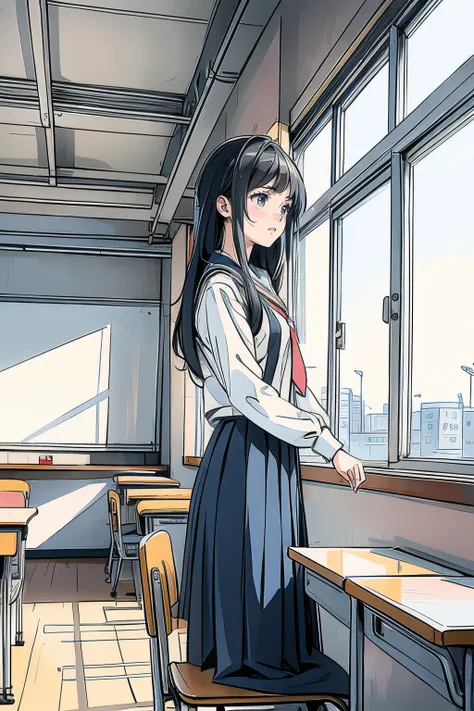 A lonely girl singing alone in the classroom on graduation day .  She should be wearing a uniform  ,   the lighting must be warm and comfortable ,  Looking into  .   using a realistic yet slightly stylized anime art style to capture the emotions of the cha...