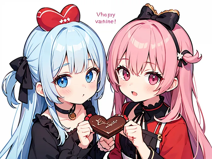 valentine themed minimalist (little detail) illustration featuring 1 or 2 girls giving chocolate to viewer. Use V arrangement composition and play on the perspective. Show at least her head until her waist