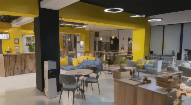  has a yellow-black room with a yellow sofa and a blue chair,  camera The open plan workspace ,  color, cafe interior,  made with a Sony a7r ,  bright and dynamic , yellow light on the right,  open space , Eora, central node ,  Open plan , 