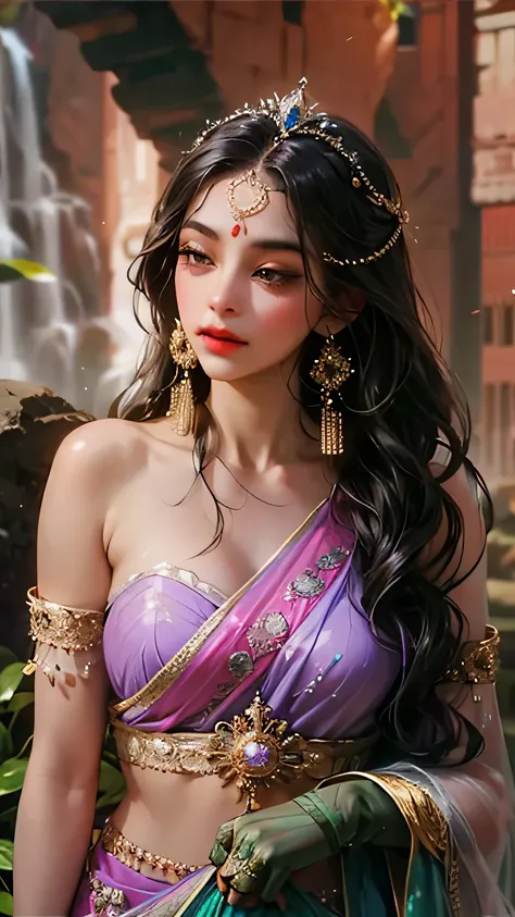 "Create an extremely beautiful Indian goddess only front body view with perfectly proportional features and a radiant, divine aura. She has extreme long, flowing, wavy black hair that cascades gracefully down her back and front. Adorn her with traditional ...