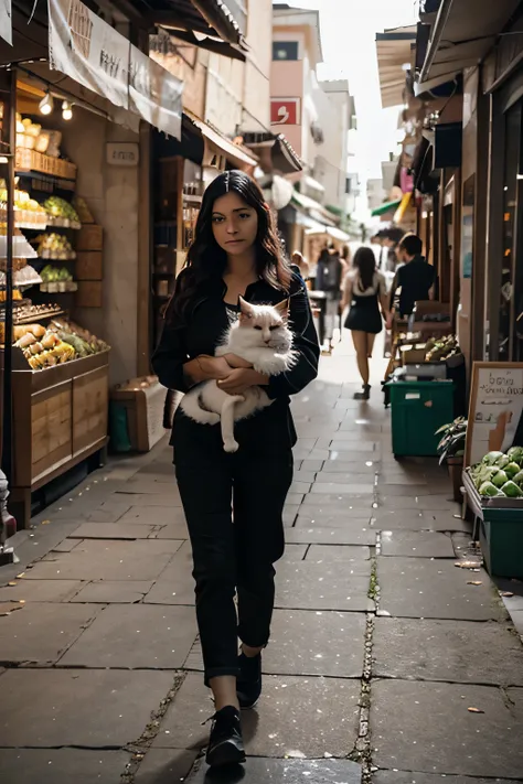 A beautiful girl with long, black, wavy hair was walking towards the market, carrying a cat.