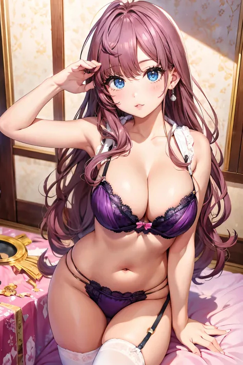 Very noble、She's erotic and cute 、Beautiful purple hair 、 brown skin、Wear revealing clothing、   garter belt 、 garter straps 、 wears erotic and glamorous lace 。 Wear erotic pink open lingerie    。。。。。、   Vibrant Color Styles   、  I'll dazzle you with the be...