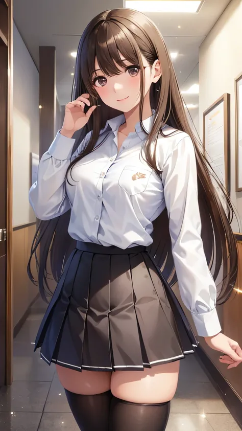 anegasaki nene, Shiny brown hair, (Beautiful brown eyes, Sparkling eyes, Fine grain), smile, Ultra-detailed eyes, Highly detailed face, Cowboy Shot, (masterpiece, Highest quality), solo, 1 Girl, Long-haired, standing, school hallway, white button-up shirt,...