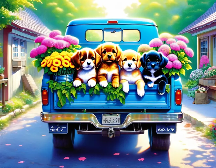  very bright pictures ,  colorful colors ,  4 dogs are sitting in the back of a truck, Flowers together 々 are also placed ,  the luggage carrier is open , Carol Boveによるジグソーパズル ,  shutterstock,  photorealism, Valuable,  red eyes, puppy, green々Fertile fruit ...