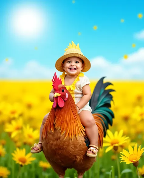 Create a whimsical scene depicting a joyful baby wearing a chicken costume, complete with a beak and feathers, and a cute sun hat atop their head. The baby is happily sitting on the back of a large, colorful rooster. The background features a vibrant yello...