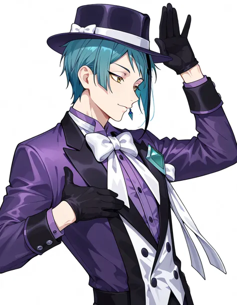 (sideview),upperbody,solo,white bow, 1boy, multicolored hair, Jade leech, gloves, Turquoise hair, streaked hair, purple shirt, hat, bow, yellow eyes, (cool model pose),white background,