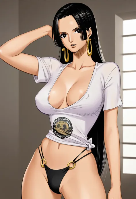 b0ahanc, 1girl, black hair, earrings, long hair,black eyes,((areola slip)), ((Areola)),((nipple)), long hair, looking at viewer, (((Laege breasts))), navel, o-ring,luxury room Standing, (purple skiny t-shirt,), Futanari,testicles