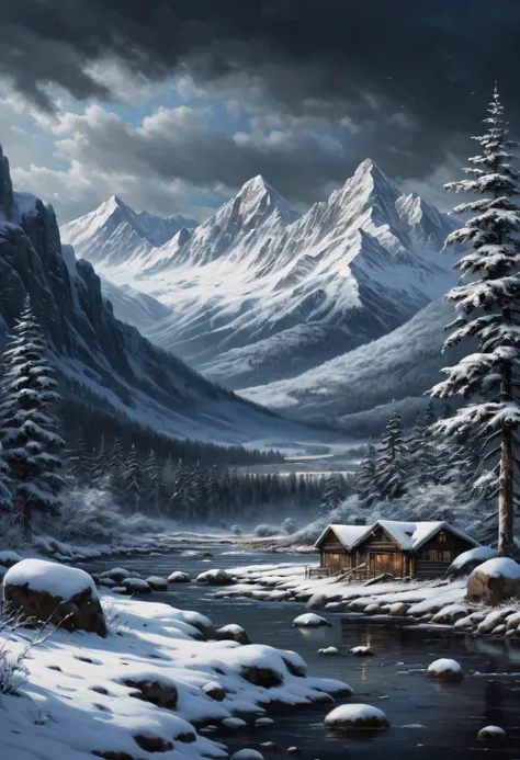 best quality, scenery, distant view of mountains, deep snowy, dark winter sky, Realistic, (masterpiece:1.2), ultra-detailed, 