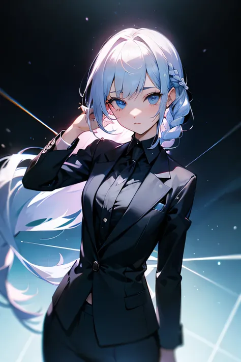  black braided hair 　 Light Blue Eyes　 black suit 　light　 girl