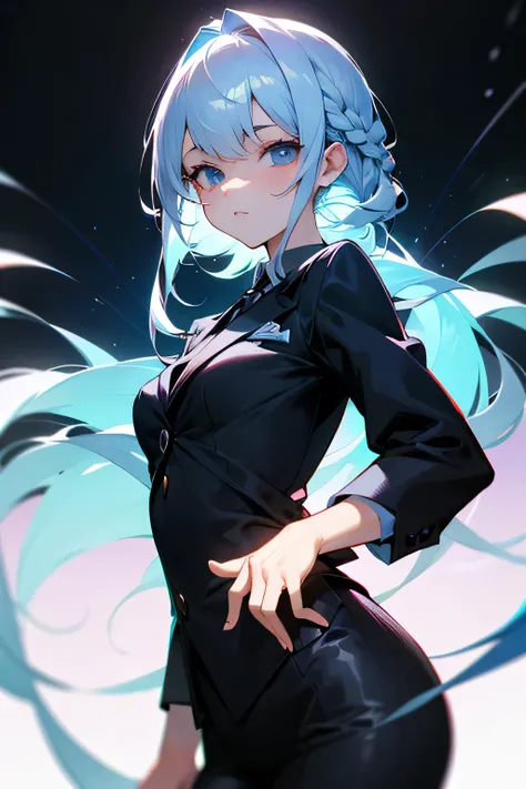  black braided hair 　 Light Blue Eyes　 black suit 　light　 girl