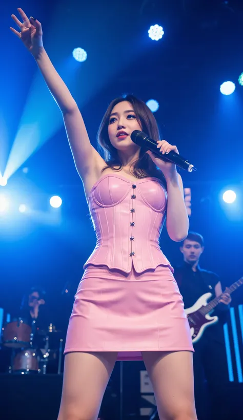 Asian age girl, 18 years old, wearing a corset set, underwear, strapless, very short taffy pink leather skirt, holding a microphone and singing, with blue lights shining on her face, on stage at a big concert, full music band have a male drummers, male gui...