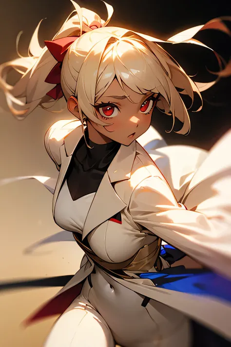 beige ponytail 　 red eyes　 white suit　magnetic force　 girl　 brown skin