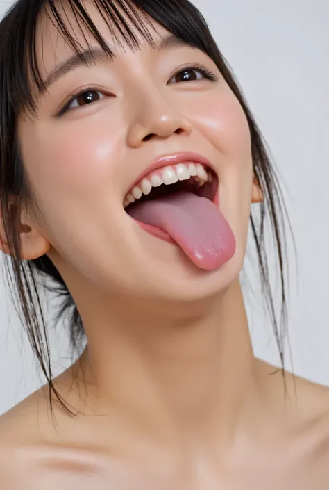 A tongue full of saliva is just the right length of tongue that doesn't catch your eyes 32k 8k super high image quality masterpiece, well-groomed face, realistic eyes, high brightness, real eyes, eyes wide open, like in a photo, focus on the face, smile, s...