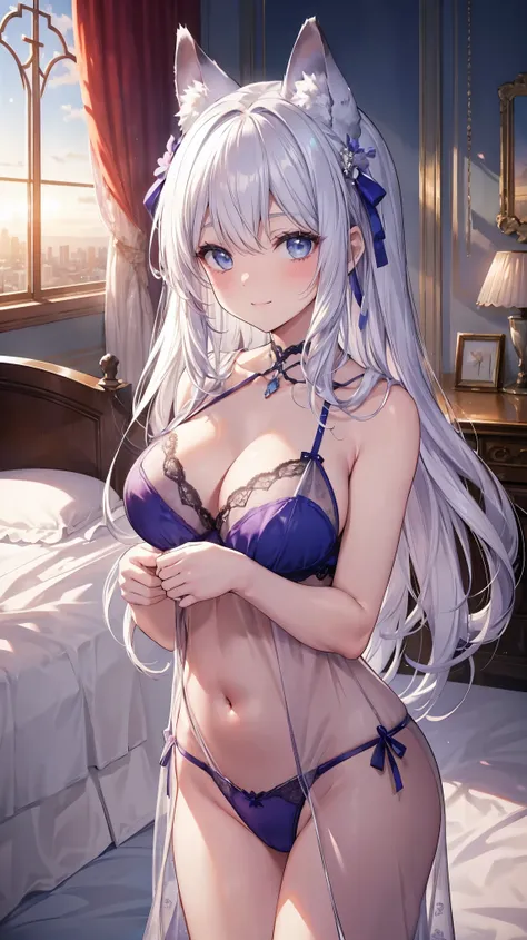 Masterpiece, Highest quality, 8K, 1Silver-fox-female:1.4, 23-years-old, Silver-fox-ears:1.4, Silver-fox-tails:1.2, Silver-medium-hair, Blue-eyes, Beautiful and well-shaped big breasts:1.4, Standard weight, Perfect anatomy:1.4, Upper body, Deep-Purple-color...