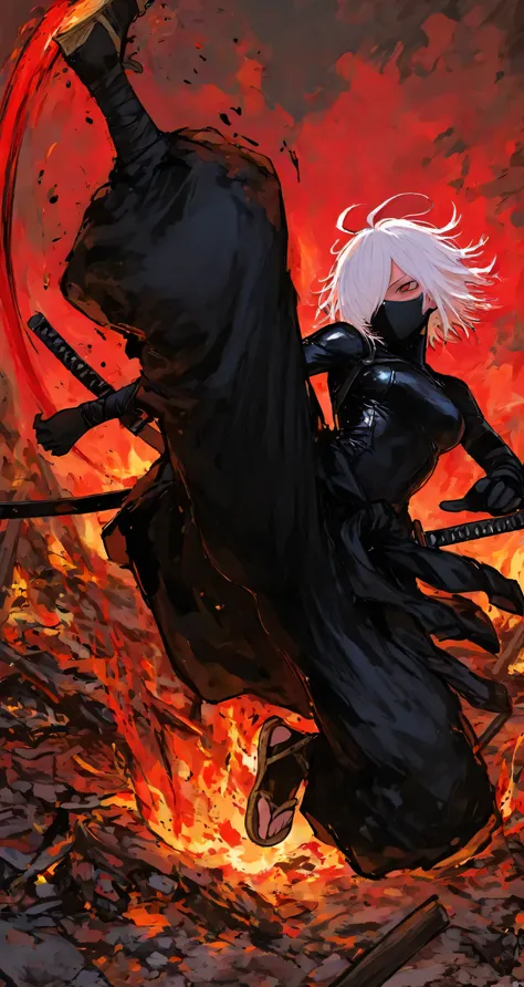 1girl, ((bodysuit)), white hair, hair over one eye, messy hair, ahoge, baggy pants, black ninja mask, kicking air, straw sandals, black jacket around waist, red eyes, burning rubble background, black katana, jumping kick 