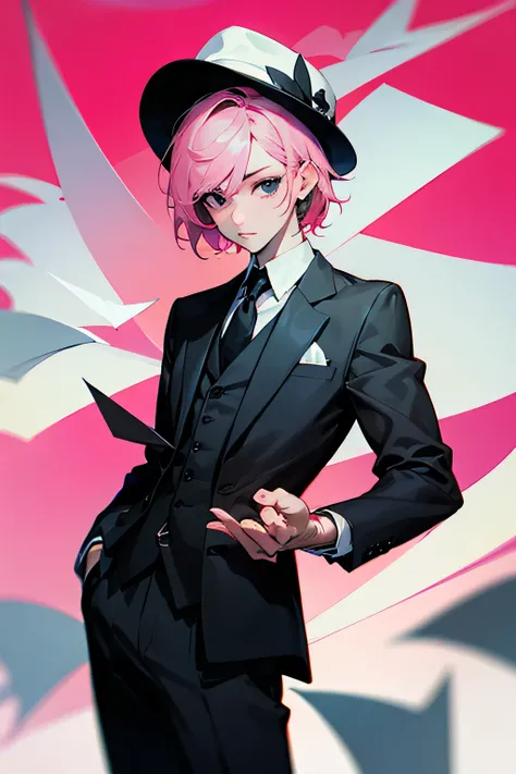  pale pink hair　Black Eye　 black suit 　Manipulating paper 　 boy　White Hat