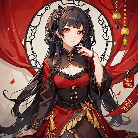  girl, throne,  upper body, ( detailed face:1.2),  Masterpiece,  Fashion , chinese dress,   medium hair ,   black hair,  twin tails, blunt bangs,  brown eyes,