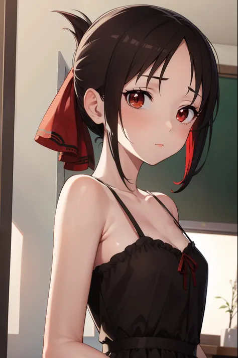 kaguyashinomiya, kaguya shinomiya, folded ponytail, forehead, hair ribbon, (red eyes:1.5), red ribbon, ribbon, short hair, sidelocks, (small breast:1.2),BREAK (nightie), BREAK looking at viewer,B REAK indoors, classroom,
BREAK (masterpiece:1.2), best quali...